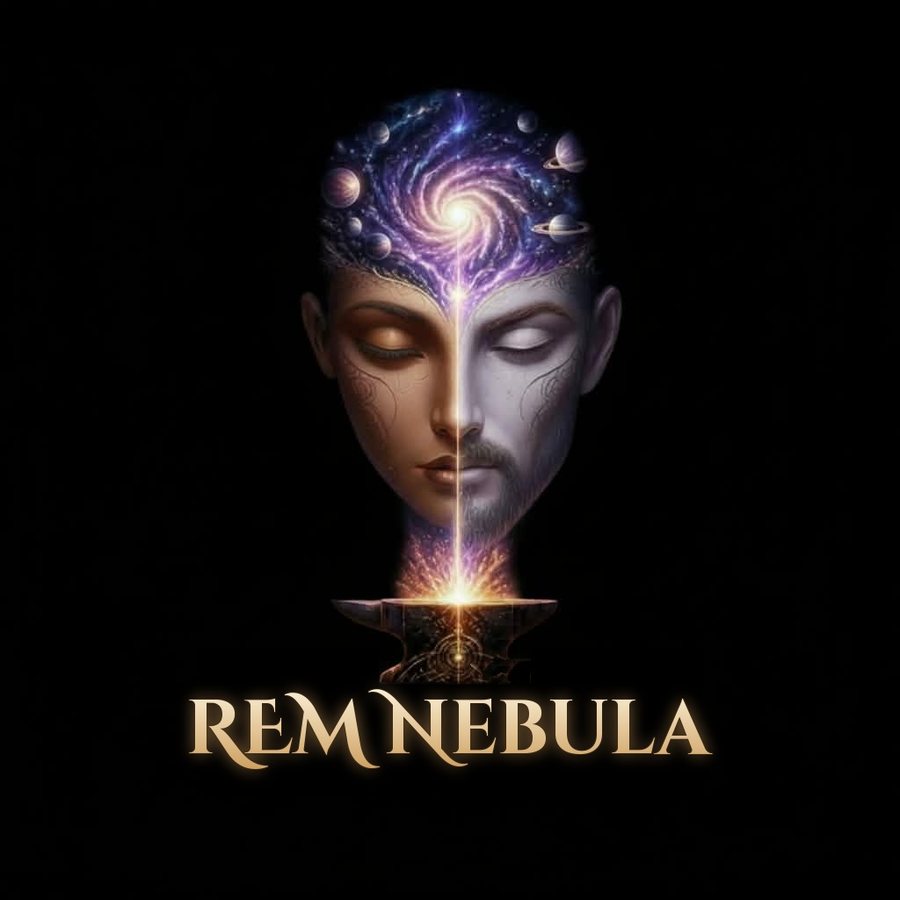 REM Nebula logo: a dreaming face with a galaxy for a mind, above a glowing anvil